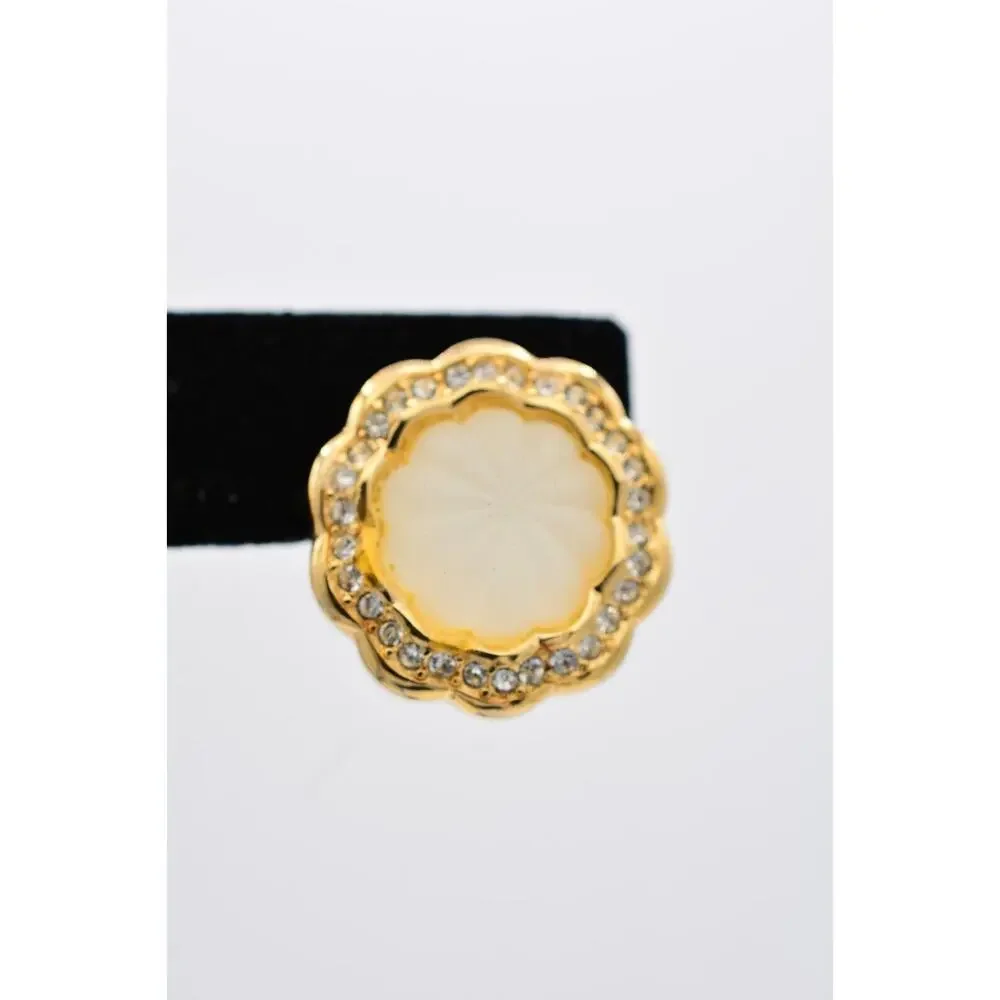 Christian Dior Vintage Clip On Earrings Frosted Glass Crystal Gold Signed BinAB